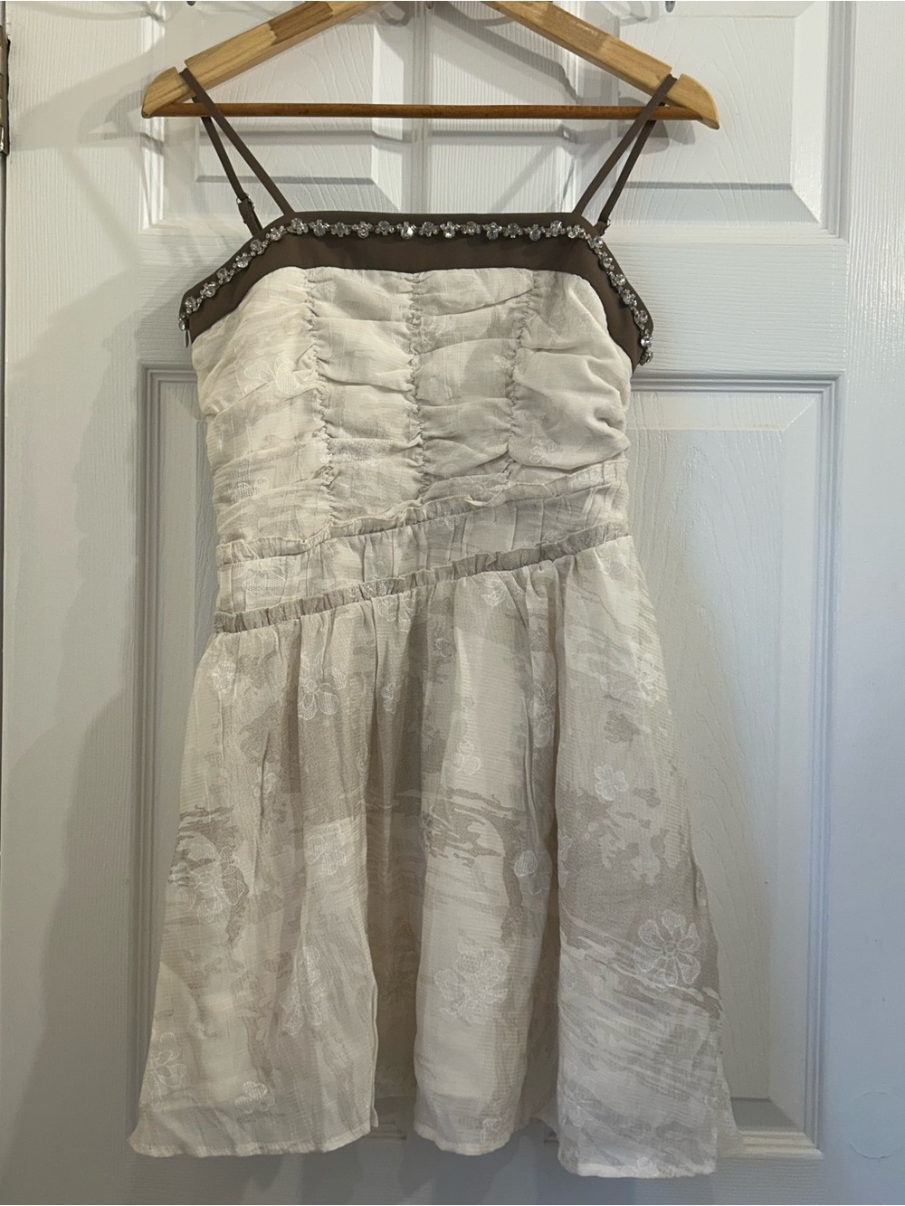 HANYULIN 韩语琳 Ivory Lace Midi Dress Ruched Tiered Rhinestone Strap Y2K